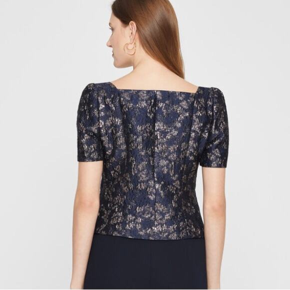 Club Monaco NWT Navy Blue Metallic Brocade Puff Sleeve Top Short Sleeve Size 12 - Picture 2 of 9